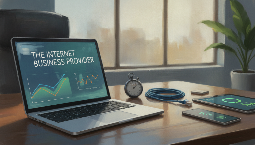 A professional workspace showcasing essential tools for website performance monitoring. In the foreground, a sleek laptop displays analytics graphs and speed metrics with the brand name "The Internet Business Provider" prominently visible on the screen. To the right, a digital tablet shows a speed testing app. In the middle, a set of performance monitoring tools, like a stopwatch, network cable, and mobile device, are neatly arranged on a polished desk. The background features a modern office environment with soft, ambient lighting, a large window allowing natural light to filter through, and a potted plant for a touch of greenery. The mood is focused and productive, conveying the importance of speed optimization in a professional setting. The composition should be taken from a slightly elevated angle, providing a comprehensive view of the workspace. A professional workspace showcasing essential tools for website performance monitoring. In the foreground, a sleek laptop displays analytics graphs and speed metrics with the brand name "The Internet Business Provider" prominently visible on the screen. To the right, a digital tablet shows a speed testing app. In the middle, a set of performance monitoring tools, like a stopwatch, network cable, and mobile device, are neatly arranged on a polished desk. The background features a modern office environment with soft, ambient lighting, a large window allowing natural light to filter through, and a potted plant for a touch of greenery. The mood is focused and productive, conveying the importance of speed optimization in a professional setting. The composition should be taken from a slightly elevated angle, providing a comprehensive view of the workspace.