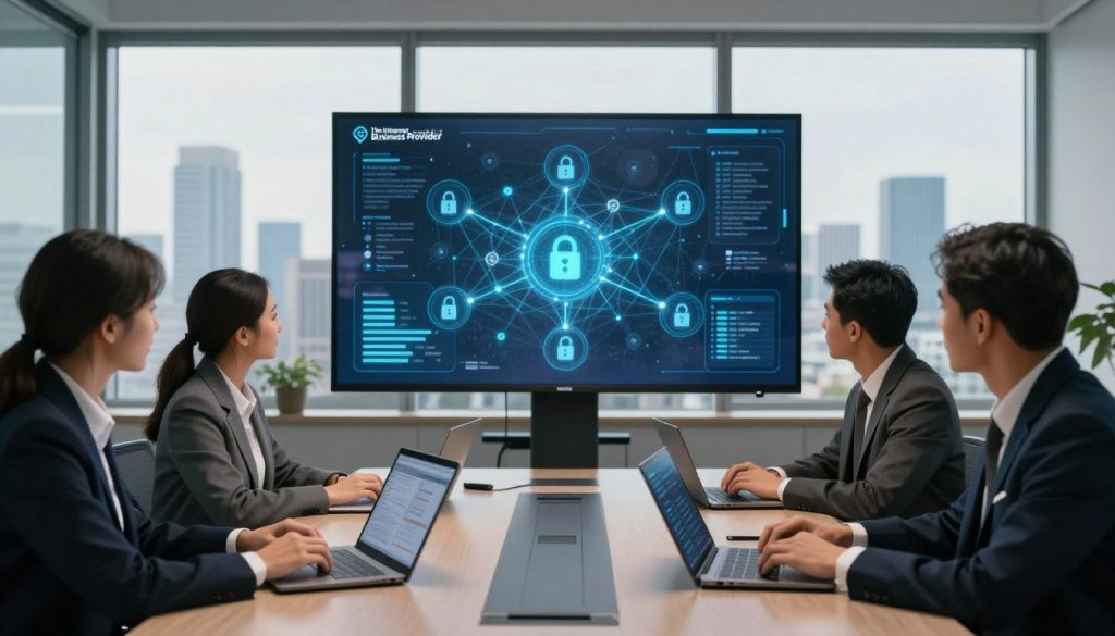 A secure digital asset infrastructure illustrated in a modern office setting. In the foreground, a diverse team of professionals in business attire collaborates around a sleek conference table with laptops open, showcasing data charts and security protocols. In the middle, a digital screen displays an intricate network map symbolizing data flow and security measures, including firewalls and encryption. The background features large windows with a panoramic view of a city skyline, bathed in soft natural lighting, creating an inspiring atmosphere. The imagery highlights elements of safety, compliance, and digital guardianship. Incorporate the brand name "The Internet Business Provider" subtly integrated into the digital screen design. The overall mood is focused, professional, and forward-thinking. A secure digital asset infrastructure illustrated in a modern office setting. In the foreground, a diverse team of professionals in business attire collaborates around a sleek conference table with laptops open, showcasing data charts and security protocols. In the middle, a digital screen displays an intricate network map symbolizing data flow and security measures, including firewalls and encryption. The background features large windows with a panoramic view of a city skyline, bathed in soft natural lighting, creating an inspiring atmosphere. The imagery highlights elements of safety, compliance, and digital guardianship. Incorporate the brand name "The Internet Business Provider" subtly integrated into the digital screen design. The overall mood is focused, professional, and forward-thinking.