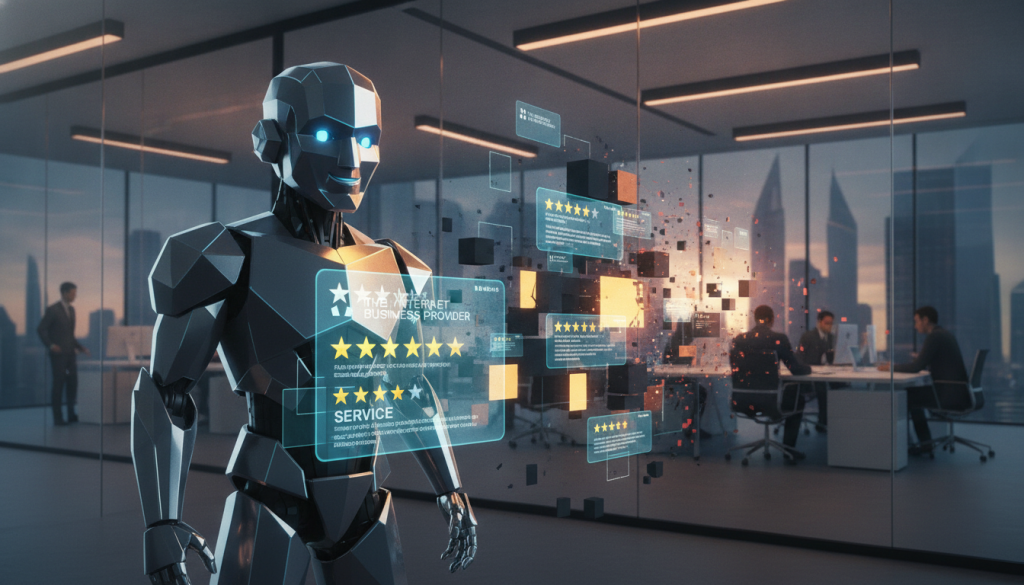 A sleek digital bouncer concept embodying business reputation management, set in a modern office environment. In the foreground, a futuristic digital guardian figure, with a friendly yet authoritative demeanor, monitors customer feedback streams displayed on holographic screens. The middle layer features various customer reviews, with high ratings glowing positively while 1-star reviews fade away, symbolizing filtration. The background includes a stylish office setting with glass walls, warm lighting, and a city skyline visible outside. Emphasize a professional atmosphere, showcasing teamwork and efficiency. The branding 'The Internet Business Provider' subtly integrated into the digital screens, exuding an aura of innovation and reliability. Capture a mood of proactive oversight, using a wide-angle lens for dynamic perspective. A sleek digital bouncer concept embodying business reputation management, set in a modern office environment. In the foreground, a futuristic digital guardian figure, with a friendly yet authoritative demeanor, monitors customer feedback streams displayed on holographic screens. The middle layer features various customer reviews, with high ratings glowing positively while 1-star reviews fade away, symbolizing filtration. The background includes a stylish office setting with glass walls, warm lighting, and a city skyline visible outside. Emphasize a professional atmosphere, showcasing teamwork and efficiency. The branding 'The Internet Business Provider' subtly integrated into the digital screens, exuding an aura of innovation and reliability. Capture a mood of proactive oversight, using a wide-angle lens for dynamic perspective.