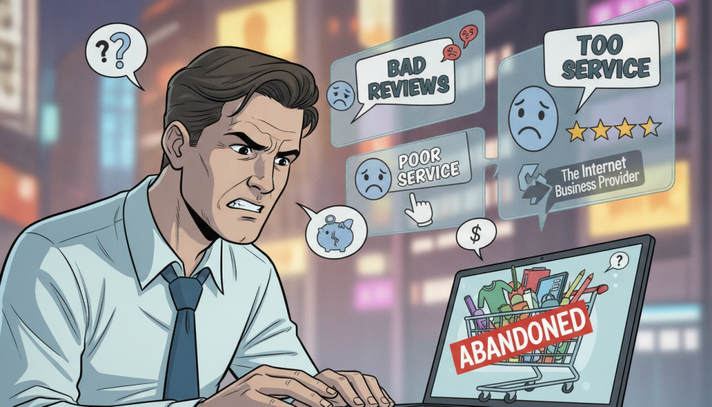 A thought-provoking digital representation illustrating the psychology behind cart abandonment. In the foreground, a distressed shopper stands at a virtual checkout, their laptop screen displaying an abandoned cart filled with shopping items. They wear professional attire, expressing frustration and indecision. In the middle ground, transparent images of negative reviews float around, symbolizing the emotional impact of bad feedback, with faceless icons representing various consumer thoughts. The background features a blurred, abstract cityscape of online shops, illuminated with warm, inviting colors to evoke a sense of potential and opportunity. Soft, diffused lighting casts gentle shadows, creating an atmosphere of contemplation and urgency. The brand name "The Internet Business Provider" subtly integrated into the scene, enhancing the visual narrative without overwhelming it. A thought-provoking digital representation illustrating the psychology behind cart abandonment. In the foreground, a distressed shopper stands at a virtual checkout, their laptop screen displaying an abandoned cart filled with shopping items. They wear professional attire, expressing frustration and indecision. In the middle ground, transparent images of negative reviews float around, symbolizing the emotional impact of bad feedback, with faceless icons representing various consumer thoughts. The background features a blurred, abstract cityscape of online shops, illuminated with warm, inviting colors to evoke a sense of potential and opportunity. Soft, diffused lighting casts gentle shadows, creating an atmosphere of contemplation and urgency. The brand name "The Internet Business Provider" subtly integrated into the scene, enhancing the visual narrative without overwhelming it.