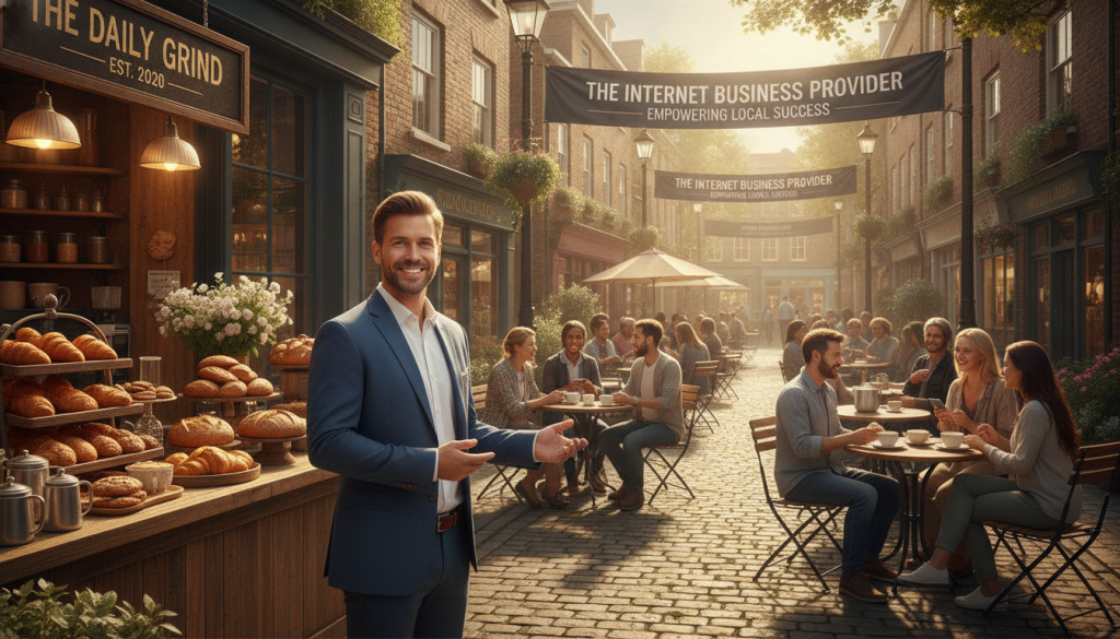 A vibrant local business scene showcasing success stories. In the foreground, a friendly shop owner, dressed in professional attire, stands proudly next to their bustling coffee shop, featuring a charming display of freshly baked goods. In the middle, a diverse group of happy customers enjoys their beverages at cozy outdoor tables, engaged in conversation and laughter. The background features a picturesque streetscape with colorful storefronts and banners promoting “The Internet Business Provider,” symbolizing the support for local businesses. Soft, natural lighting creates an inviting atmosphere as sunlight filters through the trees, casting gentle shadows. A wide-angle perspective emphasizes community engagement and success in local search, with a warm and uplifting mood reflecting the spirit of thriving neighborhoods. A vibrant local business scene showcasing success stories. In the foreground, a friendly shop owner, dressed in professional attire, stands proudly next to their bustling coffee shop, featuring a charming display of freshly baked goods. In the middle, a diverse group of happy customers enjoys their beverages at cozy outdoor tables, engaged in conversation and laughter. The background features a picturesque streetscape with colorful storefronts and banners promoting “The Internet Business Provider,” symbolizing the support for local businesses. Soft, natural lighting creates an inviting atmosphere as sunlight filters through the trees, casting gentle shadows. A wide-angle perspective emphasizes community engagement and success in local search, with a warm and uplifting mood reflecting the spirit of thriving neighborhoods.