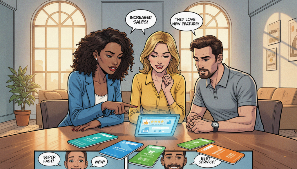 A visually engaging office scene where local business owners review customer feedback on digital devices. In the foreground, a diverse group of professionals—two women in business attire and a man in smart casual wear—intently discussing feedback displayed on a tablet. In the middle, a table featuring customer testimonials and colorful NFC review cards, showcasing the brand "The Internet Business Provider." The background shows a bright, modern office environment with large windows allowing soft, natural light to illuminate the space, creating an inviting atmosphere. The angle is slightly above eye level, capturing both the interaction of the business owners and the motivational decor. The mood is dynamic and collaborative, emphasizing the real-world impact of customer feedback on business growth. A visually engaging office scene where local business owners review customer feedback on digital devices. In the foreground, a diverse group of professionals—two women in business attire and a man in smart casual wear—intently discussing feedback displayed on a tablet. In the middle, a table featuring customer testimonials and colorful NFC review cards, showcasing the brand "The Internet Business Provider." The background shows a bright, modern office environment with large windows allowing soft, natural light to illuminate the space, creating an inviting atmosphere. The angle is slightly above eye level, capturing both the interaction of the business owners and the motivational decor. The mood is dynamic and collaborative, emphasizing the real-world impact of customer feedback on business growth.