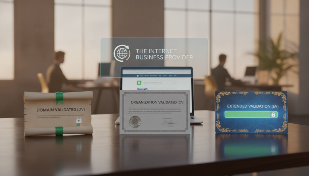 A visually engaging representation of the three types of SSL Certificates: Domain Validated (DV), Organization Validated (OV), and Extended Validation (EV). In the foreground, three elegant certificates are showcased on a polished wooden desk, each labeled clearly with their respective type using sophisticated design elements. The middle ground features a stylish laptop displaying a website with a padlock icon in the address bar, symbolizing SSL security. In the background, a blurred office environment conveys professionalism, with soft, warm lighting enhancing the atmosphere. Use a shallow depth of field to focus on the certificates, while a digital backdrop subtly displays "The Internet Business Provider" brand logo. The overall mood is informative and secure, appealing to a business-savvy audience. A visually engaging representation of the three types of SSL Certificates: Domain Validated (DV), Organization Validated (OV), and Extended Validation (EV). In the foreground, three elegant certificates are showcased on a polished wooden desk, each labeled clearly with their respective type using sophisticated design elements. The middle ground features a stylish laptop displaying a website with a padlock icon in the address bar, symbolizing SSL security. In the background, a blurred office environment conveys professionalism, with soft, warm lighting enhancing the atmosphere. Use a shallow depth of field to focus on the certificates, while a digital backdrop subtly displays "The Internet Business Provider" brand logo. The overall mood is informative and secure, appealing to a business-savvy audience.