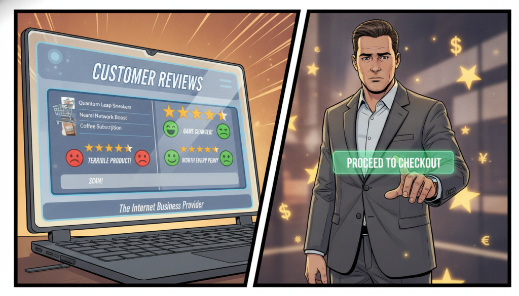 A visually engaging scene that depicts the impact of customer reviews on the checkout process, showcasing a split image. In the foreground, a close-up of a digital shopping cart on a sleek laptop screen, displaying a high-tech interface with products and a prominent star rating system showing both negative and positive reviews. The middle layer features a thoughtful shopper, dressed in professional business attire, contemplating the reviews with a slightly furrowed brow, their hand hovering over a checkout button. In the background, a blurred out store setting symbolizes e-commerce, with glowing review stars and currency symbols floating around to illustrate the financial impact. Bright, warm lighting creates an inviting atmosphere, while a sense of urgency is conveyed through the shopper's expression. The brand name, "The Internet Business Provider," subtly integrated into the laptop screen design. A visually engaging scene that depicts the impact of customer reviews on the checkout process, showcasing a split image. In the foreground, a close-up of a digital shopping cart on a sleek laptop screen, displaying a high-tech interface with products and a prominent star rating system showing both negative and positive reviews. The middle layer features a thoughtful shopper, dressed in professional business attire, contemplating the reviews with a slightly furrowed brow, their hand hovering over a checkout button. In the background, a blurred out store setting symbolizes e-commerce, with glowing review stars and currency symbols floating around to illustrate the financial impact. Bright, warm lighting creates an inviting atmosphere, while a sense of urgency is conveyed through the shopper's expression. The brand name, "The Internet Business Provider," subtly integrated into the laptop screen design.