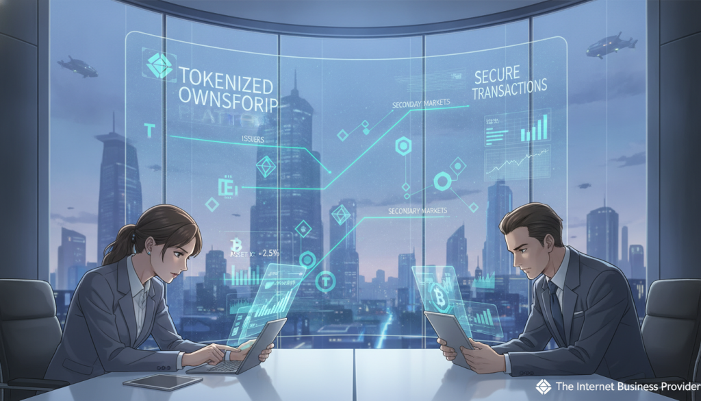 A captivating illustration of tokenized ownership and blockchain technology, set in a modern, sleek office environment. In the foreground, a diverse group of professionals in business attire are analyzing digital assets on sleek devices, showcasing graphs and token symbols. The middle ground features a large, transparent screen displaying blockchain connections and tokens flowing from issuers to secondary markets, illuminated with blue and green hues to represent security and trust. The background has a city skyline visible through large glass windows, symbolizing a thriving digital marketplace. Soft, ambient lighting highlights the focused expressions of the professionals. The brand name "The Internet Business Provider" is subtly integrated into the design, reflecting innovation and expertise in digital asset management. A captivating illustration of tokenized ownership and blockchain technology, set in a modern, sleek office environment. In the foreground, a diverse group of professionals in business attire are analyzing digital assets on sleek devices, showcasing graphs and token symbols. The middle ground features a large, transparent screen displaying blockchain connections and tokens flowing from issuers to secondary markets, illuminated with blue and green hues to represent security and trust. The background has a city skyline visible through large glass windows, symbolizing a thriving digital marketplace. Soft, ambient lighting highlights the focused expressions of the professionals. The brand name "The Internet Business Provider" is subtly integrated into the design, reflecting innovation and expertise in digital asset management.
