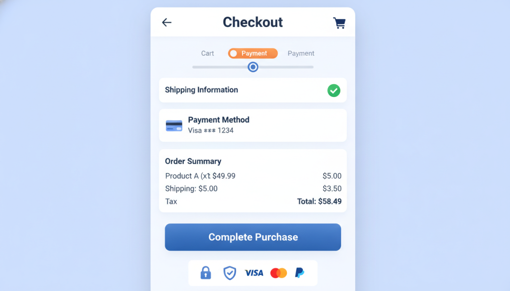 A clean and modern UI design of a mobile shopping cart checkout page, showing secure payment icons and a 'Complete Purchase' button, professional aesthetic. A clean and modern UI design of a mobile shopping cart checkout page, showing secure payment icons and a 'Complete Purchase' button, professional aesthetic.