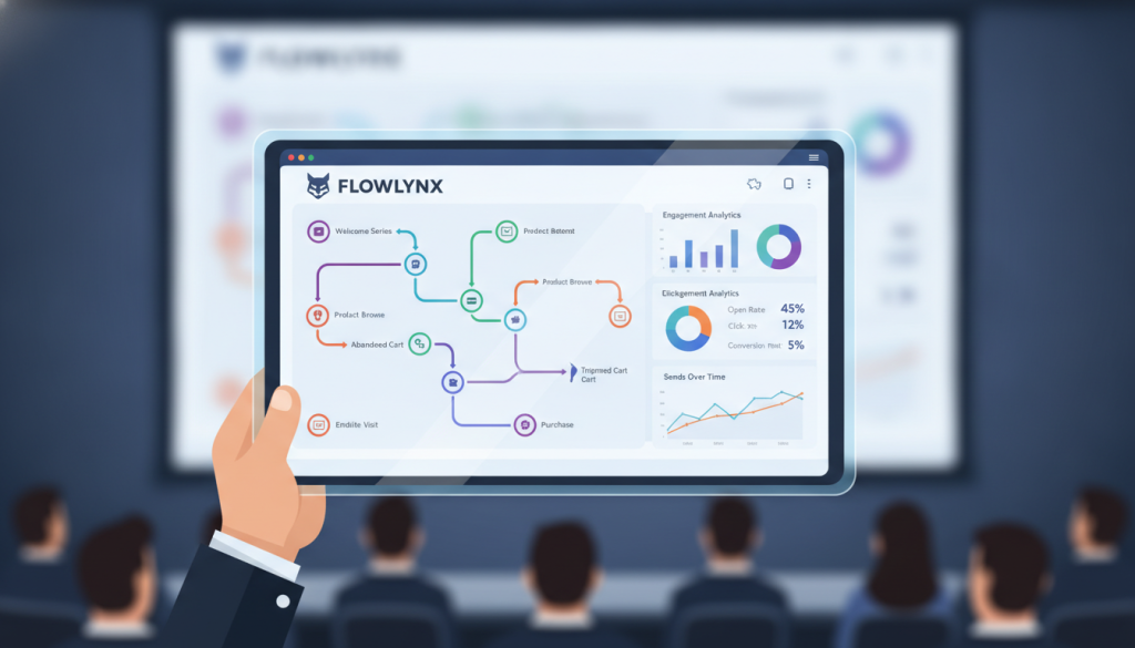 A clean, professional dashboard of a modern email marketing platform showing automated customer journey maps, trigger points, and engagement analytics in a bright, user-friendly interface. A clean, professional dashboard of a modern email marketing platform showing automated customer journey maps, trigger points, and engagement analytics in a bright, user-friendly interface.