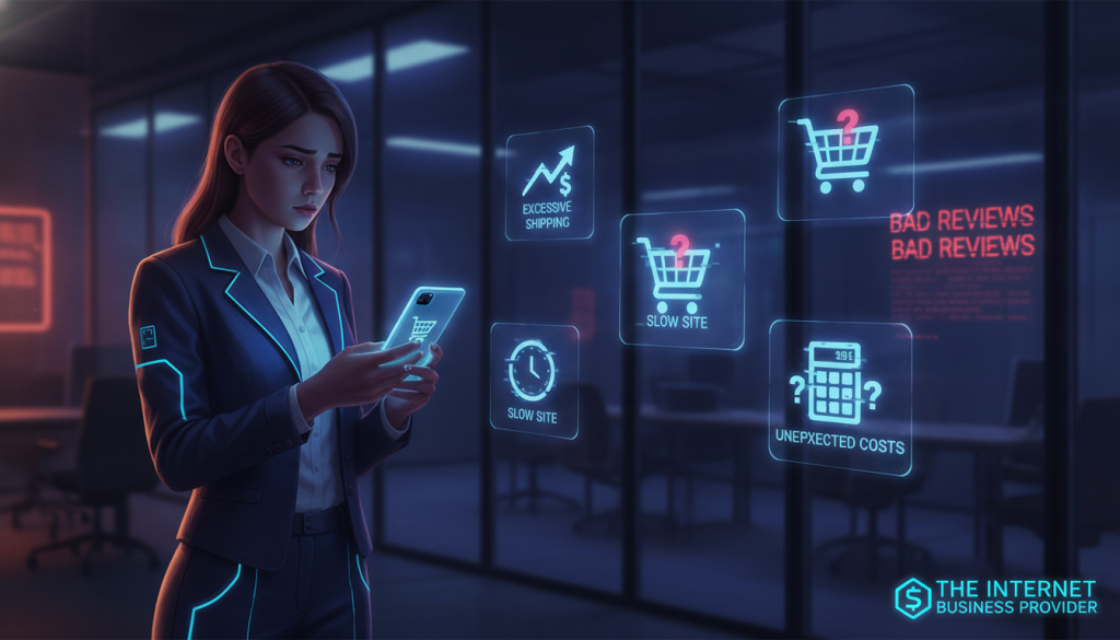 A detailed illustration depicting common causes of cart abandonment in e-commerce. In the foreground, a frustrated online shopper, a young woman in professional attire, stares at her smartphone with a visible look of disappointment. In the middle ground, a cluttered shopping cart surrounded by distractions, like excessive shipping fees, slow website loading, and unexpected total costs, is depicted as floating icons. In the background, a dimly lit office setting with faint remnants of bad reviews projected on a wall adds to the atmosphere of concern. Soft, ambient lighting creates a professional tone while hinting at frustration. The branding of "The Internet Business Provider" subtly appears in the lower corner, enhancing the corporate feel without overwhelming the scene. A detailed illustration depicting common causes of cart abandonment in e-commerce. In the foreground, a frustrated online shopper, a young woman in professional attire, stares at her smartphone with a visible look of disappointment. In the middle ground, a cluttered shopping cart surrounded by distractions, like excessive shipping fees, slow website loading, and unexpected total costs, is depicted as floating icons. In the background, a dimly lit office setting with faint remnants of bad reviews projected on a wall adds to the atmosphere of concern. Soft, ambient lighting creates a professional tone while hinting at frustration. The branding of "The Internet Business Provider" subtly appears in the lower corner, enhancing the corporate feel without overwhelming the scene.