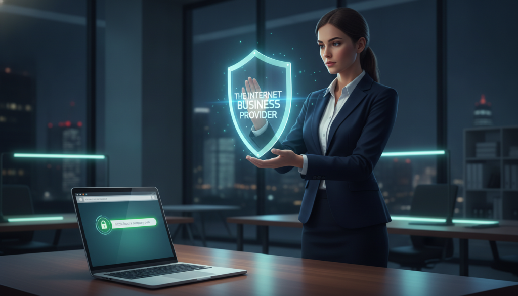 A digital art depiction illustrating the concept of SSL certificate importance, set in a professional office environment. In the foreground, a confident business professional in smart attire is examining a glowing digital shield representing security, adorned with the brand name "The Internet Business Provider". In the middle ground, a sleek laptop displays a padlock icon on its screen, symbolizing website security. The background features a darkened office with soft blue and green lighting, creating a tech-savvy atmosphere. The lighting casts gentle reflections from the digital elements, highlighting the theme of safety and protection. Overall, the mood is serious yet optimistic, conveying the essential value of SSL certificates in maintaining website security. A digital art depiction illustrating the concept of SSL certificate importance, set in a professional office environment. In the foreground, a confident business professional in smart attire is examining a glowing digital shield representing security, adorned with the brand name "The Internet Business Provider". In the middle ground, a sleek laptop displays a padlock icon on its screen, symbolizing website security. The background features a darkened office with soft blue and green lighting, creating a tech-savvy atmosphere. The lighting casts gentle reflections from the digital elements, highlighting the theme of safety and protection. Overall, the mood is serious yet optimistic, conveying the essential value of SSL certificates in maintaining website security.