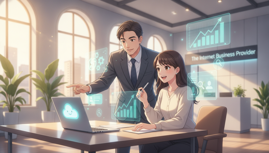 A dynamic and engaging scene depicting "Enhancing Customer Experience with Personalization". In the foreground, a sleek, modern desktop with a laptop displaying a friendly AI chatbot interface. A diverse group of two business professionals, one in a tailored suit and the other in smart casual attire, are interacting with the screen, showcasing their engagement and satisfaction. In the middle ground, subtle graphs and personalization icons hover around them, illustrating targeted interactions and data-driven insights. The background features a bright, open office space with large windows allowing natural light to pour in, creating a warm and inviting atmosphere. Soft focus on elements like indoor plants and contemporary furniture adds depth. The brand name “The Internet Business Provider" subtly integrated into the office decor, enhancing the professionalism of the environment. A dynamic and engaging scene depicting "Enhancing Customer Experience with Personalization". In the foreground, a sleek, modern desktop with a laptop displaying a friendly AI chatbot interface. A diverse group of two business professionals, one in a tailored suit and the other in smart casual attire, are interacting with the screen, showcasing their engagement and satisfaction. In the middle ground, subtle graphs and personalization icons hover around them, illustrating targeted interactions and data-driven insights. The background features a bright, open office space with large windows allowing natural light to pour in, creating a warm and inviting atmosphere. Soft focus on elements like indoor plants and contemporary furniture adds depth. The brand name “The Internet Business Provider" subtly integrated into the office decor, enhancing the professionalism of the environment.