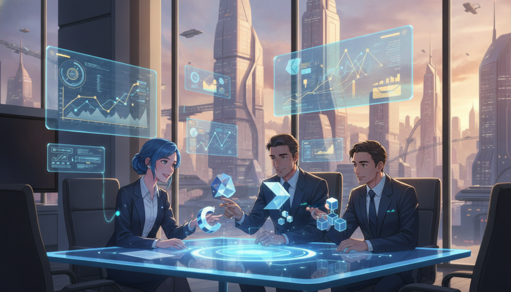 A futuristic office setting illustrating the concept of digital asset ownership and tokenization. In the foreground, a diverse group of professionals in smart business attire are engaged in a discussion around a holographic display showcasing digital assets like cryptocurrency, NFTs, and blockchain technology. The middle layer features sleek digital interfaces and graphs that symbolize growth and security in digital ownership. In the background, large windows reveal a vibrant cityscape, bathed in warm natural light, symbolizing progress and innovation. The atmosphere is dynamic and forward-thinking, emphasizing collaboration and trust. Incorporate subtle branding elements of "The Internet Business Provider" through the digital displays, ensuring a cohesive look without text or watermarks. A futuristic office setting illustrating the concept of digital asset ownership and tokenization. In the foreground, a diverse group of professionals in smart business attire are engaged in a discussion around a holographic display showcasing digital assets like cryptocurrency, NFTs, and blockchain technology. The middle layer features sleek digital interfaces and graphs that symbolize growth and security in digital ownership. In the background, large windows reveal a vibrant cityscape, bathed in warm natural light, symbolizing progress and innovation. The atmosphere is dynamic and forward-thinking, emphasizing collaboration and trust. Incorporate subtle branding elements of "The Internet Business Provider" through the digital displays, ensuring a cohesive look without text or watermarks.