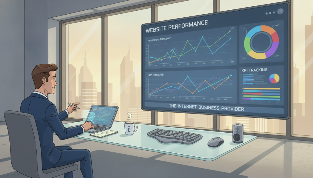 A modern and sleek workspace showcasing website performance metrics and KPI tracking. In the foreground, a large digital screen displays colorful graphs and charts, including line graphs and pie charts, highlighting various performance metrics. To the left, a well-dressed professional, wearing business attire, analyzes data on a laptop while taking notes on a notepad. In the middle ground, a stylish desk with high-tech gadgets and a coffee cup adds to the productivity vibe. The background features a large window with natural light pouring in, illuminating the space. The atmosphere is professional and energetic, emphasizing the importance of continuous performance analysis in a digital landscape. Include the brand name "The Internet Business Provider" subtly incorporated into the digital display.