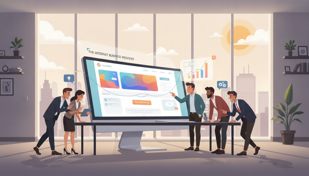A modern, high-performing website design showcased in a sleek workspace. In the foreground, a large computer screen displays a visually appealing, interactive website with smooth navigation and vibrant colors, emphasizing user engagement. The middle layer features a diverse team of professionals in business attire, collaborating around the desk, analyzing user experience metrics and design elements. Incorporate elements like digital wireframes and analytics graphs. The background contains a contemporary office setting with large windows showing a bright, sunny day, creating an open and inviting atmosphere. Use soft, natural lighting to enhance the mood, with a slight focus on the website screen, giving a sense of innovation and efficiency. The brand "The Internet Business Provider" subtly integrated into the design elements. A modern, high-performing website design showcased in a sleek workspace. In the foreground, a large computer screen displays a visually appealing, interactive website with smooth navigation and vibrant colors, emphasizing user engagement. The middle layer features a diverse team of professionals in business attire, collaborating around the desk, analyzing user experience metrics and design elements. Incorporate elements like digital wireframes and analytics graphs. The background contains a contemporary office setting with large windows showing a bright, sunny day, creating an open and inviting atmosphere. Use soft, natural lighting to enhance the mood, with a slight focus on the website screen, giving a sense of innovation and efficiency. The brand "The Internet Business Provider" subtly integrated into the design elements.