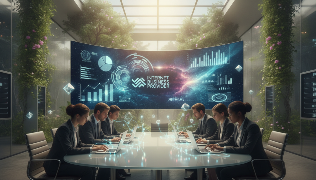 A modern office environment depicting the strategic integration of AI with existing business systems. In the foreground, a diverse team of professionals in business attire collaborates around a sleek conference table, analyzing data on laptops and tablets. The middle ground features a large digital screen displaying complex data visualizations and AI algorithms interspersed with traditional business charts, symbolizing the fusion of AI with current systems. The background shows a stylish office with glass walls, bright lighting, and greenery, conveying innovation and collaboration. The overall mood is one of inspiration and forward-thinking, with soft, natural light illuminating the scene to create a warm atmosphere. The Internet Business Provider logo subtly integrated into the digital screen design. A modern office environment depicting the strategic integration of AI with existing business systems. In the foreground, a diverse team of professionals in business attire collaborates around a sleek conference table, analyzing data on laptops and tablets. The middle ground features a large digital screen displaying complex data visualizations and AI algorithms interspersed with traditional business charts, symbolizing the fusion of AI with current systems. The background shows a stylish office with glass walls, bright lighting, and greenery, conveying innovation and collaboration. The overall mood is one of inspiration and forward-thinking, with soft, natural light illuminating the scene to create a warm atmosphere. The Internet Business Provider logo subtly integrated into the digital screen design.