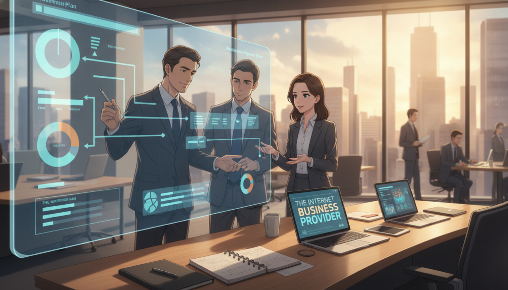 A modern office environment showcasing a visually appealing digital workspace. In the foreground, a diverse group of professionals in business attire—two men, one woman—are engaged in a collaborative discussion around a large screen displaying a dynamic website migration plan with charts and graphics. The middle layer features a sleek desk with laptops, notebooks, and a digital tablet with the brand name "The Internet Business Provider" clearly visible. In the background, large windows reveal a bright city skyline, and warm, natural light floods the room, creating an optimistic and productive atmosphere. The image conveys a sense of teamwork and strategic planning, highlighting the essence of a successful website migration amidst a contemporary business setting. A modern office environment showcasing a visually appealing digital workspace. In the foreground, a diverse group of professionals in business attire—two men, one woman—are engaged in a collaborative discussion around a large screen displaying a dynamic website migration plan with charts and graphics. The middle layer features a sleek desk with laptops, notebooks, and a digital tablet with the brand name "The Internet Business Provider" clearly visible. In the background, large windows reveal a bright city skyline, and warm, natural light floods the room, creating an optimistic and productive atmosphere. The image conveys a sense of teamwork and strategic planning, highlighting the essence of a successful website migration amidst a contemporary business setting.