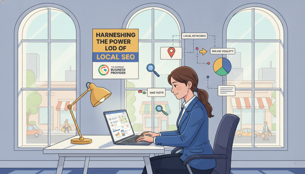 A modern office setting featuring a professional young woman analyzing her Google Business Profile on a laptop, surrounded by vibrant infographics illustrating local SEO strategies. In the foreground, the woman, dressed in smart business attire, looks engaged and focused, with a warm desk lamp casting a soft glow on her workspace. The middle ground showcases a large, colorful poster with the text "Harnessing the Power of Local SEO" alongside the brand "The Internet Business Provider." In the background, large windows reveal a bustling local street scene, symbolizing businesses interacting with customers. The mood is energetic and inspiring, with bright, natural lighting enhancing the optimistic atmosphere of digital marketing success.