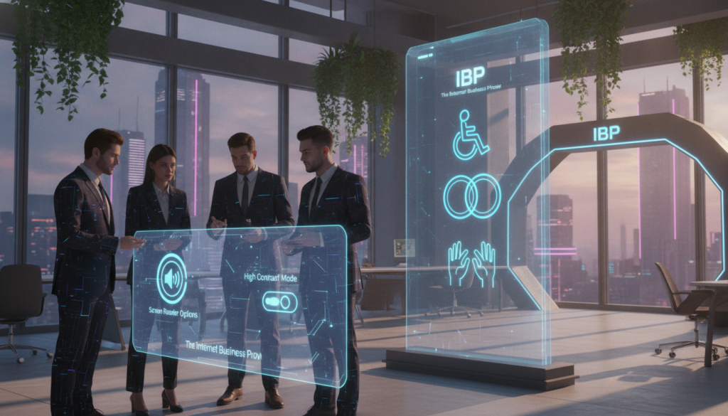 A modern, visually appealing workspace highlighting website accessibility features. In the foreground, a professional team of diverse individuals in smart business attire collaborate around a computer displaying a well-designed website interface, incorporating accessibility tools such as screen reader options and contrast settings. In the middle, a large monitor showcases accessibility icons like a wheelchair symbol, color contrast adjustments, and sign language options. The background is an open office with large windows allowing natural light to flood in, creating a bright and optimistic atmosphere. The overall mood conveys innovation and inclusivity, emphasizing the business benefits of an accessible website. Include the brand name "IBP The Internet Business Prov" subtly integrated into the design elements, ensuring a cohesive theme focused on accessibility and business growth. A modern, visually appealing workspace highlighting website accessibility features. In the foreground, a professional team of diverse individuals in smart business attire collaborate around a computer displaying a well-designed website interface, incorporating accessibility tools such as screen reader options and contrast settings. In the middle, a large monitor showcases accessibility icons like a wheelchair symbol, color contrast adjustments, and sign language options. The background is an open office with large windows allowing natural light to flood in, creating a bright and optimistic atmosphere. The overall mood conveys innovation and inclusivity, emphasizing the business benefits of an accessible website. Include the brand name "IBP The Internet Business Prov" subtly integrated into the design elements, ensuring a cohesive theme focused on accessibility and business growth.