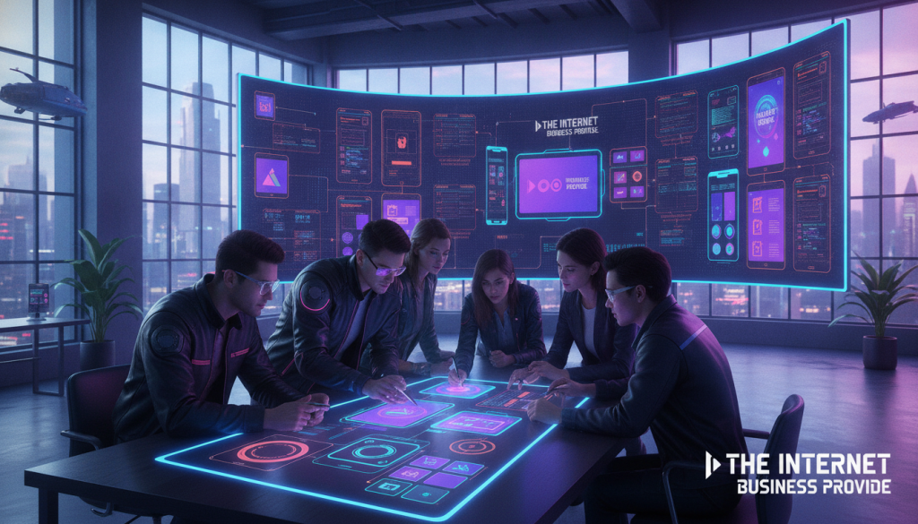 A modern workspace focused on designing for touch and navigation on small screens. In the foreground, a diverse team of professionals in smart casual attire collaborates over a sleek design interface displayed on a tablet. The middle section features a large digital screen showing user interface wireframes, colorful app designs, and user flow diagrams. The background includes a contemporary office environment, with large windows letting in natural light, creating an airy atmosphere. Soft shadows highlight the team’s engaged expressions as they discuss usability features. The branding of "The Internet Business Provide" is subtly integrated into the design mockups. The scene conveys a sense of innovation, collaboration, and usability-centric design. The image is well-lit, capturing the details of their work and the dynamic environment.