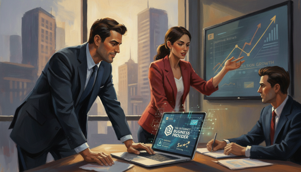 A professional business meeting scene, showcasing a diverse group of three individuals discussing an online reputation management strategy. In the foreground, a confident man in a sleek suit is analyzing a laptop screen displaying positive reviews and ratings. Next to him, a woman in business attire enthusiastically points at a chart illustrating growth in online reputation metrics. In the background, a large window reveals a cityscape, with soft, natural light illuminating the room, enhancing the atmosphere of professionalism and teamwork. Incorporate the logo of "The Internet Business Provider" on the laptop screen, emphasizing the brand’s involvement. Capture the essence of collaboration and strategy in a modern business environment, with a warm, focused mood. A professional business meeting scene, showcasing a diverse group of three individuals discussing an online reputation management strategy. In the foreground, a confident man in a sleek suit is analyzing a laptop screen displaying positive reviews and ratings. Next to him, a woman in business attire enthusiastically points at a chart illustrating growth in online reputation metrics. In the background, a large window reveals a cityscape, with soft, natural light illuminating the room, enhancing the atmosphere of professionalism and teamwork. Incorporate the logo of "The Internet Business Provider" on the laptop screen, emphasizing the brand’s involvement. Capture the essence of collaboration and strategy in a modern business environment, with a warm, focused mood.