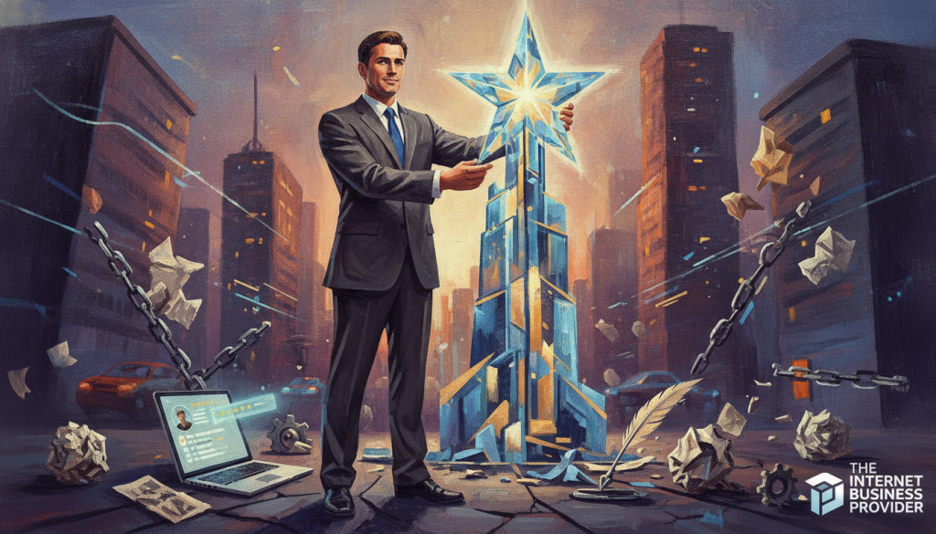 A professional businessperson in a tailored suit stands confidently amidst towering obstacles symbolizing challenges, such as broken chains and crumpled papers. They are focused on rebuilding a tall, glowing five-star structure, representing online reputation repair, against a dynamic urban skyline background at dusk. Soft, warm lighting casts a hopeful glow on their determined expression, highlighting their commitment to overcoming adversity. The foreground includes scattered tools of reputation management, like a laptop displaying positive reviews. The background features a slightly blurred cityscape, suggesting the bustling digital world. The scene's atmosphere is one of resilience and ambition, branded subtly with "The Internet Business Provider" in the corner, reinforcing the theme of navigating and enhancing online presence. A professional businessperson in a tailored suit stands confidently amidst towering obstacles symbolizing challenges, such as broken chains and crumpled papers. They are focused on rebuilding a tall, glowing five-star structure, representing online reputation repair, against a dynamic urban skyline background at dusk. Soft, warm lighting casts a hopeful glow on their determined expression, highlighting their commitment to overcoming adversity. The foreground includes scattered tools of reputation management, like a laptop displaying positive reviews. The background features a slightly blurred cityscape, suggesting the bustling digital world. The scene's atmosphere is one of resilience and ambition, branded subtly with "The Internet Business Provider" in the corner, reinforcing the theme of navigating and enhancing online presence.