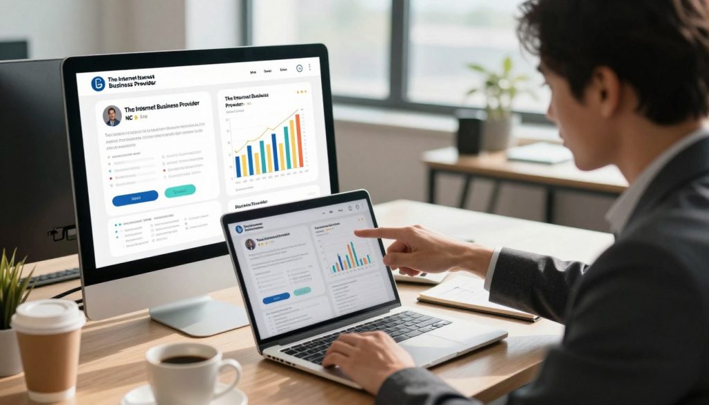 A professional setting featuring a sleek modern workspace, with a focus on a desktop adorned with NFC review cards showcasing "The Internet Business Provider" branding. In the foreground, a business professional dressed in smart attire is analyzing data on a laptop screen, pointing at performance graphs and metrics related to the review cards. The middle ground includes a coffee cup and a notepad with annotations, enhancing the investigative atmosphere. The background shows a bright office space with large windows allowing daylight to flood in, casting soft shadows. The lighting emphasizes clarity, with a focus on warmth to create an inviting and productive mood. The angle captures both the review cards and the focused individual, highlighting the action of measuring performance seamlessly. A professional setting featuring a sleek modern workspace, with a focus on a desktop adorned with NFC review cards showcasing "The Internet Business Provider" branding. In the foreground, a business professional dressed in smart attire is analyzing data on a laptop screen, pointing at performance graphs and metrics related to the review cards. The middle ground includes a coffee cup and a notepad with annotations, enhancing the investigative atmosphere. The background shows a bright office space with large windows allowing daylight to flood in, casting soft shadows. The lighting emphasizes clarity, with a focus on warmth to create an inviting and productive mood. The angle captures both the review cards and the focused individual, highlighting the action of measuring performance seamlessly.