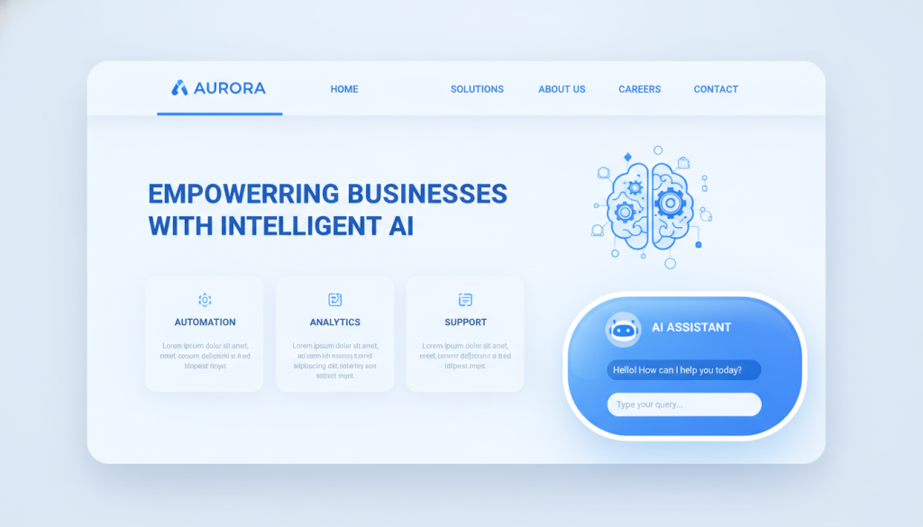 A realistic 3D render of a modern business website homepage featuring a sleek, translucent AI chatbot window in the bottom corner, professional blue and white color scheme, high resolution. A realistic 3D render of a modern business website homepage featuring a sleek, translucent AI chatbot window in the bottom corner, professional blue and white color scheme, high resolution.