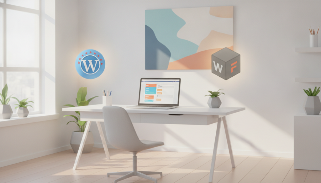 A sleek, minimalist home office featuring a desk with a laptop displaying a website builder interface, surrounded by floating 3D icons of WordPress and Webflow, professional soft lighting. A sleek, minimalist home office featuring a desk with a laptop displaying a website builder interface, surrounded by floating 3D icons of WordPress and Webflow, professional soft lighting.