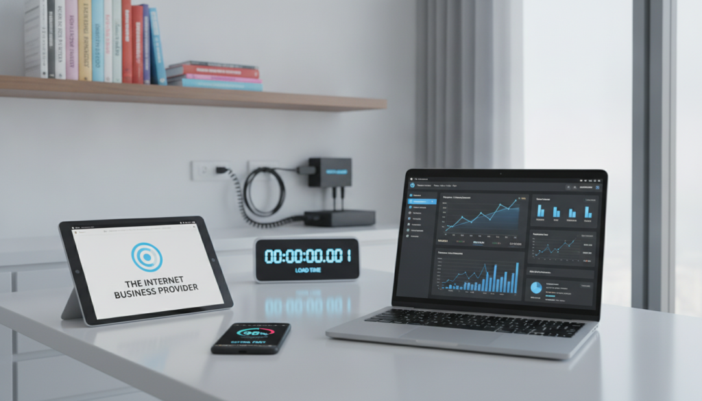 A sleek, modern desk set up in a well-lit office environment, showcasing various tools to test and monitor website speed. In the foreground, a laptop displays dashboard metrics with graphs and charts illustrating web performance. On the desk, a smartphone shows a speed testing app, alongside a tablet featuring the logo of "The Internet Business Provider". The middle ground includes an elegant clock reflecting the fast-paced nature of online business. The background has a shelf with colorful books on digital marketing and optimization. The lighting is bright and inviting, emphasizing productivity and professionalism. The atmosphere is energetic yet focused, capturing the essence of website optimization tools in action. A sleek, modern desk set up in a well-lit office environment, showcasing various tools to test and monitor website speed. In the foreground, a laptop displays dashboard metrics with graphs and charts illustrating web performance. On the desk, a smartphone shows a speed testing app, alongside a tablet featuring the logo of "The Internet Business Provider". The middle ground includes an elegant clock reflecting the fast-paced nature of online business. The background has a shelf with colorful books on digital marketing and optimization. The lighting is bright and inviting, emphasizing productivity and professionalism. The atmosphere is energetic yet focused, capturing the essence of website optimization tools in action.