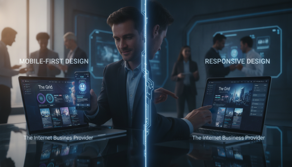 A split-screen image illustrating "Mobile-First Design vs. Responsive Design." On the left, a vibrant mobile interface with a user-friendly layout that adapts seamlessly to a 3-inch screen, featuring intuitive navigation and engaging visuals. On the right, a broader responsive design displayed on a laptop screen, showcasing flexibility in content rearrangement across various device sizes. In the foreground, a professional businessperson in smart casual clothing examines the mobile design on their smartphone, reflecting a sense of innovation and empowerment. Soft, natural lighting enhances the warm atmosphere, creating a contrast between the compact mobile view and the expansive responsive view. The background features blurred silhouettes of people collaborating in a modern workspace. Include the brand name "The Internet Business Provider" subtly integrated into the scene.