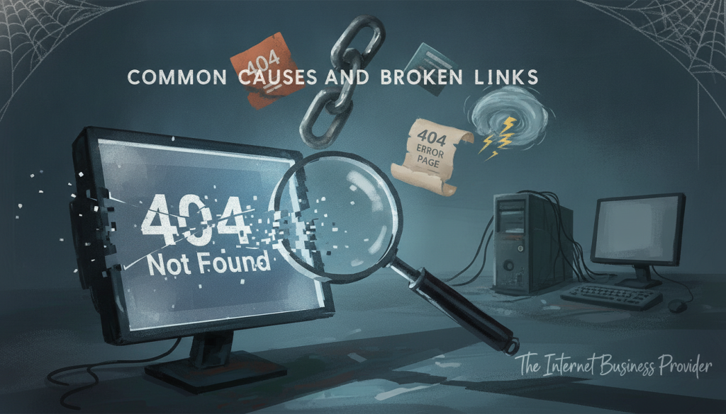 A visually engaging, conceptual illustration depicting "Common Causes of Broken Links." In the foreground, a computer screen displays a broken link error message, symbolizing lost connections. A magnifying glass hovers over the screen, emphasizing the need for inspection. The middle layer features scattered icons representing typical issues: a broken chain link, a 404 error page, and a misty cloud representing server errors. The background showcases a dimly lit office environment to convey a sense of neglect, with cobwebs forming around unused equipment. The lighting is soft and moody, casting elongated shadows to enhance the atmosphere of abandonment. Include a subtle watermark of "The Internet Business Provider" in the corner. Aim for a professional yet disconcerting vibe, highlighting the urgency of addressing these link issues. A visually engaging, conceptual illustration depicting "Common Causes of Broken Links." In the foreground, a computer screen displays a broken link error message, symbolizing lost connections. A magnifying glass hovers over the screen, emphasizing the need for inspection. The middle layer features scattered icons representing typical issues: a broken chain link, a 404 error page, and a misty cloud representing server errors. The background showcases a dimly lit office environment to convey a sense of neglect, with cobwebs forming around unused equipment. The lighting is soft and moody, casting elongated shadows to enhance the atmosphere of abandonment. Include a subtle watermark of "The Internet Business Provider" in the corner. Aim for a professional yet disconcerting vibe, highlighting the urgency of addressing these link issues.