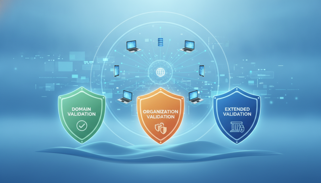A visually engaging illustration depicting the various types of SSL certificates, including Domain Validation, Organization Validation, and Extended Validation. In the foreground, represent each certificate as a digital shield or padlock, labeled with their names and distinct colors for differentiation. The middle layer features a network of interconnected devices, symbolizing website security, with a clean and modern design. The background showcases a digital landscape, with a serene blue gradient reflecting trust and security, enhancing the mood of safety and professionalism. Use soft, diffused lighting to create a welcoming atmosphere, capturing the essence of “The Internet Business Provider”. The overall composition should be balanced and harmonious, evoking a sense of reliability and protection without any text or branding on the image itself. A visually engaging illustration depicting the various types of SSL certificates, including Domain Validation, Organization Validation, and Extended Validation. In the foreground, represent each certificate as a digital shield or padlock, labeled with their names and distinct colors for differentiation. The middle layer features a network of interconnected devices, symbolizing website security, with a clean and modern design. The background showcases a digital landscape, with a serene blue gradient reflecting trust and security, enhancing the mood of safety and professionalism. Use soft, diffused lighting to create a welcoming atmosphere, capturing the essence of “The Internet Business Provider”. The overall composition should be balanced and harmonious, evoking a sense of reliability and protection without any text or branding on the image itself.