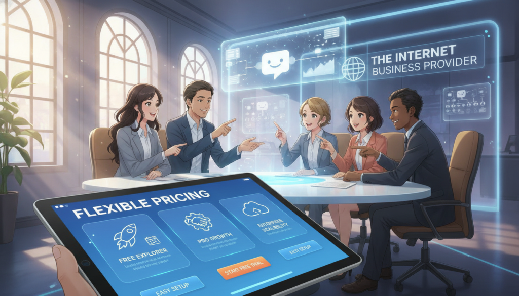 A visually engaging scene depicting "Flexible Pricing Plans for Chatbot Technology." In the foreground, a sleek tablet displays an interactive pricing chart with various tiers highlighted, featuring icons for free trials and easy setup options. The middle layer showcases a professional business team in smart attire, gathered around a modern conference table, discussing the chatbot technology. They appear enthusiastic and engaged, representing diverse ethnicities. In the background, a bright office environment with large windows letting in natural light, adorned with tech-themed decor displaying the brand name "The Internet Business Provider." The atmosphere is dynamic and innovative, conveying a sense of collaboration and forward-thinking. The image captures a blend of technology and teamwork, emphasizing flexibility and accessibility in pricing plans. A visually engaging scene depicting "Flexible Pricing Plans for Chatbot Technology." In the foreground, a sleek tablet displays an interactive pricing chart with various tiers highlighted, featuring icons for free trials and easy setup options. The middle layer showcases a professional business team in smart attire, gathered around a modern conference table, discussing the chatbot technology. They appear enthusiastic and engaged, representing diverse ethnicities. In the background, a bright office environment with large windows letting in natural light, adorned with tech-themed decor displaying the brand name "The Internet Business Provider." The atmosphere is dynamic and innovative, conveying a sense of collaboration and forward-thinking. The image captures a blend of technology and teamwork, emphasizing flexibility and accessibility in pricing plans.