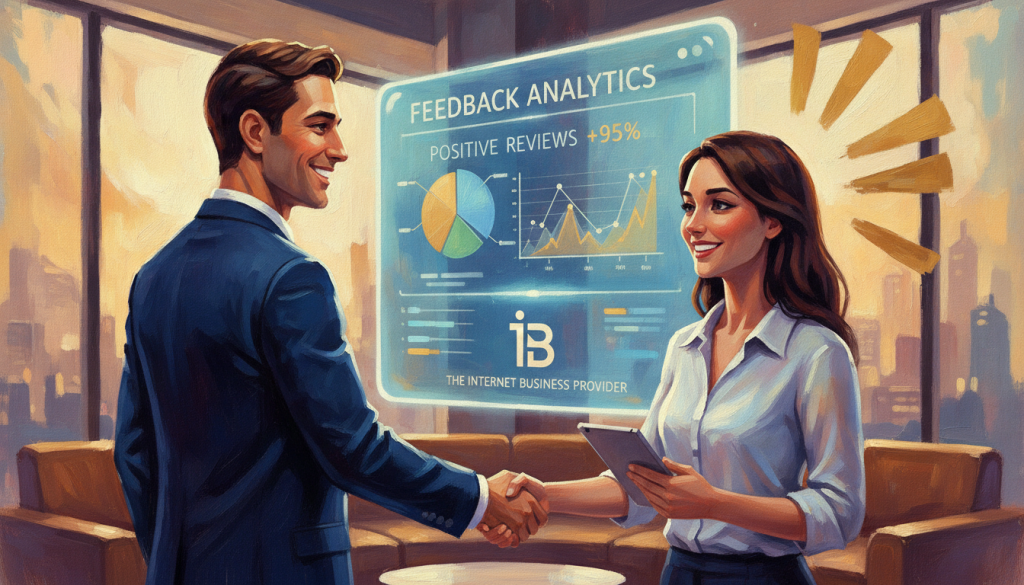 A visually engaging scene showcasing the theme of "private resolution enhancing customer loyalty." In the foreground, a professional business person in smart attire is actively engaging with a satisfied customer, both smiling and expressing positive emotions. The middle layer features a digital interface displaying feedback analytics and positive review statistics, symbolizing the effective resolution process. The background presents a stylish modern office environment with soft, warm lighting that conveys a welcoming atmosphere. Subtle branding for "The Internet Business Provider" is integrated into the digital interface visuals, indicating their role as a facilitator. The overall mood is uplifting and optimistic, highlighting the transformation from criticism to customer satisfaction as fans of the service. A visually engaging scene showcasing the theme of "private resolution enhancing customer loyalty." In the foreground, a professional business person in smart attire is actively engaging with a satisfied customer, both smiling and expressing positive emotions. The middle layer features a digital interface displaying feedback analytics and positive review statistics, symbolizing the effective resolution process. The background presents a stylish modern office environment with soft, warm lighting that conveys a welcoming atmosphere. Subtle branding for "The Internet Business Provider" is integrated into the digital interface visuals, indicating their role as a facilitator. The overall mood is uplifting and optimistic, highlighting the transformation from criticism to customer satisfaction as fans of the service.