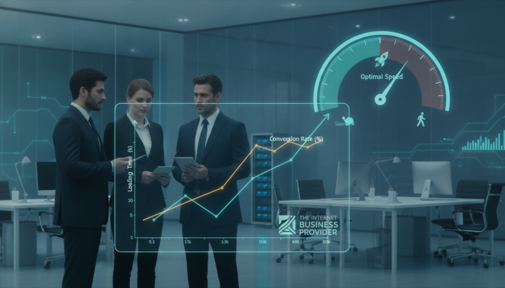 A visually striking illustration representing the "Impact of Website Speed on Conversion Rates." In the foreground, show a group of diverse professionals, dressed in smart business attire, analyzing a digital dashboard on a large screen that displays website analytics with decreasing loading times leading to rising conversion rates. In the middle ground, depict a sleek, modern office environment with high-tech elements, such as computers and smart devices. The background features a graphic depiction of a speedometer, with the needle pointing towards "Optimal Speed," symbolizing fast website performance. Use a bright, professional color palette with cool blues and greens, conveying a sense of urgency and innovation. Lighting should be bright yet soft, mimicking a productive office atmosphere. The brand name "The Internet Business Provider" should be subtly integrated into the design. A visually striking illustration representing the "Impact of Website Speed on Conversion Rates." In the foreground, show a group of diverse professionals, dressed in smart business attire, analyzing a digital dashboard on a large screen that displays website analytics with decreasing loading times leading to rising conversion rates. In the middle ground, depict a sleek, modern office environment with high-tech elements, such as computers and smart devices. The background features a graphic depiction of a speedometer, with the needle pointing towards "Optimal Speed," symbolizing fast website performance. Use a bright, professional color palette with cool blues and greens, conveying a sense of urgency and innovation. Lighting should be bright yet soft, mimicking a productive office atmosphere. The brand name "The Internet Business Provider" should be subtly integrated into the design.
