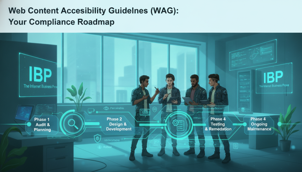 An informative and visually engaging illustration of a "WCAG 2.2 Accessibility Roadmap" for an article section titled “Web Content Accessibility Guidelines (WCAG): Your Compliance Roadmap.” In the foreground, depict a sleek and modern roadmap flowing from left to right, displaying various milestones and sections labeled with icons symbolizing accessibility features. The middle layer shows diverse professionals in business attire, collaboratively reviewing the roadmap, with expressions of concentration and determination. In the background, a soft-focus office setting filled with subtle light filtering through large windows, creating an inspiring and motivating atmosphere. The overall color palette should feature calming blues and greens, conveying a sense of professionalism and clarity. Ensure the brand name “IBP The Internet Business Prov” is subtly integrated into the design without text overlays. An informative and visually engaging illustration of a "WCAG 2.2 Accessibility Roadmap" for an article section titled “Web Content Accessibility Guidelines (WCAG): Your Compliance Roadmap.” In the foreground, depict a sleek and modern roadmap flowing from left to right, displaying various milestones and sections labeled with icons symbolizing accessibility features. The middle layer shows diverse professionals in business attire, collaboratively reviewing the roadmap, with expressions of concentration and determination. In the background, a soft-focus office setting filled with subtle light filtering through large windows, creating an inspiring and motivating atmosphere. The overall color palette should feature calming blues and greens, conveying a sense of professionalism and clarity. Ensure the brand name “IBP The Internet Business Prov” is subtly integrated into the design without text overlays.