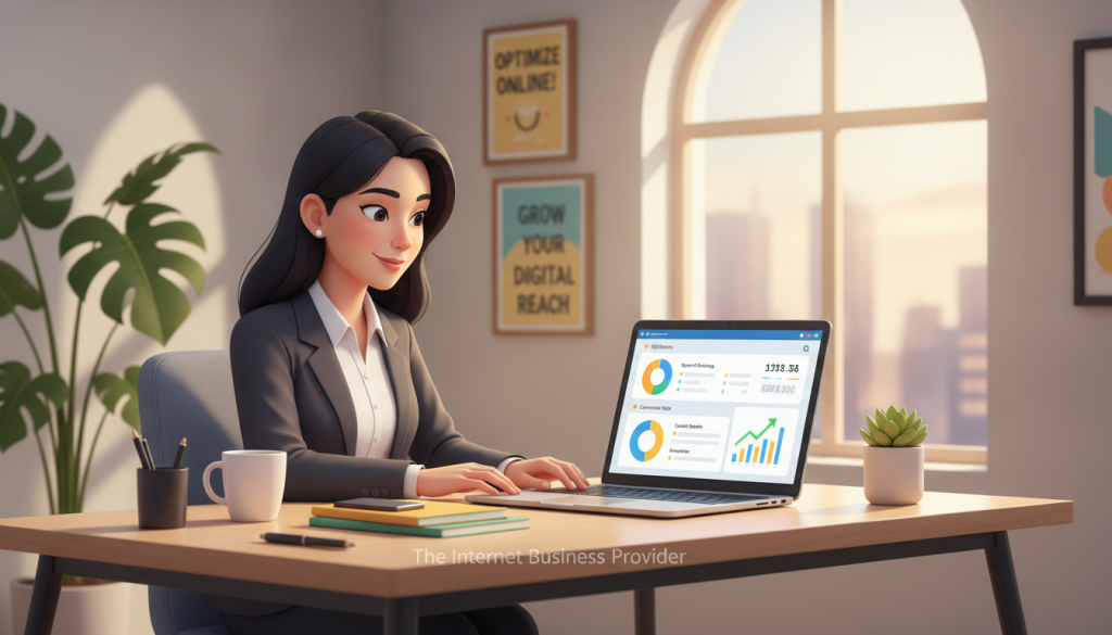 An organized workspace in a modern office setting, featuring a woman in professional business attire analyzing a Google Business Profile on her laptop. In the foreground, focus on the laptop screen displaying a colorful dashboard with SEO metrics and key performance indicators. The middle layer showcases a stylish desk with stationery and a coffee cup, while the background includes a large window letting in natural light, illuminating motivational posters about optimizing online presence. A plant adds a touch of greenery to the environment. The mood is dynamic and inspiring, emphasizing innovation and success. Include the brand name "The Internet Business Provider" subtly placed on the desk. Use soft lighting to create an inviting atmosphere, with a slight depth of field to draw attention to the laptop screen.