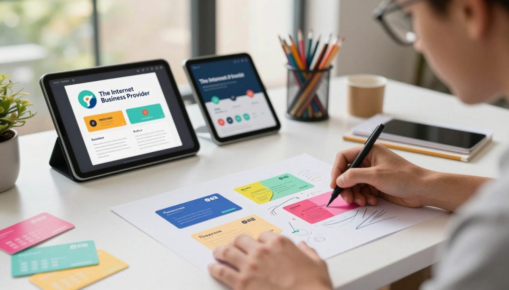 Design an image depicting a vibrant workspace focused on designing compelling and branded NFC review cards for local businesses. In the foreground, feature a designer at a sleek modern desk, sketching card designs with vibrant colors on high-quality cardstock, showcasing the brand name "The Internet Business Provider". The middle ground includes various design mockups and tools like digital tablets and craft supplies, emphasizing creativity and branding. In the background, large windows let in soft, natural light, enhancing the atmosphere of inspiration. Use a shallow depth of field to focus on the designer's hands and sketches, with a warm and inviting mood, reflecting professionalism and innovation in graphic design. Design an image depicting a vibrant workspace focused on designing compelling and branded NFC review cards for local businesses. In the foreground, feature a designer at a sleek modern desk, sketching card designs with vibrant colors on high-quality cardstock, showcasing the brand name "The Internet Business Provider". The middle ground includes various design mockups and tools like digital tablets and craft supplies, emphasizing creativity and branding. In the background, large windows let in soft, natural light, enhancing the atmosphere of inspiration. Use a shallow depth of field to focus on the designer's hands and sketches, with a warm and inviting mood, reflecting professionalism and innovation in graphic design.