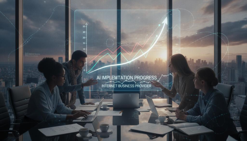 In a modern office environment, a diverse group of professionals, including a Black woman with glasses, a South Asian man, and a Caucasian woman, collaboratively discuss a large digital screen filled with graphs representing AI implementation progress. In the foreground, they are gathered around a sleek conference table, with laptops and notepads scattered about. The middle ground features the digital screen showcasing challenging data trends and a successful trajectory. In the background, large windows reveal a city skyline, bathed in warm, natural lighting, symbolizing hope and opportunity. The atmosphere is focused yet optimistic, embodying teamwork and problem-solving as they tackle AI challenges. The Internet Business Provider logo subtly integrated into the scene. In a modern office environment, a diverse group of professionals, including a Black woman with glasses, a South Asian man, and a Caucasian woman, collaboratively discuss a large digital screen filled with graphs representing AI implementation progress. In the foreground, they are gathered around a sleek conference table, with laptops and notepads scattered about. The middle ground features the digital screen showcasing challenging data trends and a successful trajectory. In the background, large windows reveal a city skyline, bathed in warm, natural lighting, symbolizing hope and opportunity. The atmosphere is focused yet optimistic, embodying teamwork and problem-solving as they tackle AI challenges. The Internet Business Provider logo subtly integrated into the scene.
