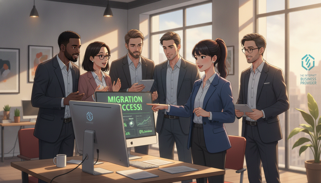 In a modern workspace, depict a professional team of diverse individuals in business attire gathered around a large computer screen displaying website analytics. In the foreground, a focused woman points at the screen, highlighting successful migration metrics. In the middle, two colleagues engage in a discussion, analyzing data charts and performance indicators. The background features a sleek office with large windows allowing natural light to flood the room, creating a bright and inviting atmosphere. Soft shadows accentuate the collaborative nature of the scene while maintaining clarity in the technical details displayed on the screen. Incorporate branding elements from "The Internet Business Provider" subtly in the office decor. The mood should reflect professionalism, teamwork, and a sense of accomplishment in quality assurance post-migration. In a modern workspace, depict a professional team of diverse individuals in business attire gathered around a large computer screen displaying website analytics. In the foreground, a focused woman points at the screen, highlighting successful migration metrics. In the middle, two colleagues engage in a discussion, analyzing data charts and performance indicators. The background features a sleek office with large windows allowing natural light to flood the room, creating a bright and inviting atmosphere. Soft shadows accentuate the collaborative nature of the scene while maintaining clarity in the technical details displayed on the screen. Incorporate branding elements from "The Internet Business Provider" subtly in the office decor. The mood should reflect professionalism, teamwork, and a sense of accomplishment in quality assurance post-migration.