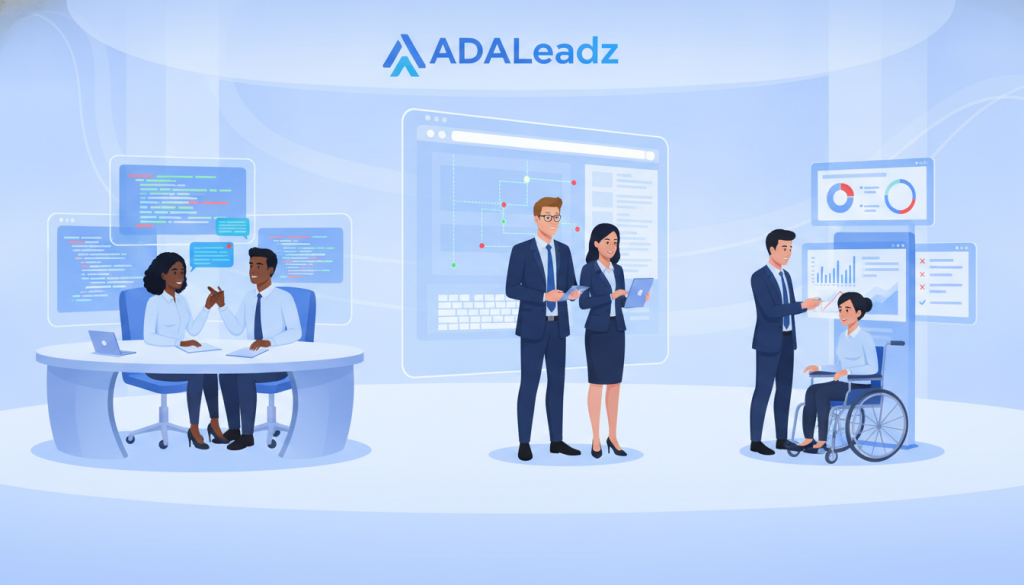 Professional illustration of the ADALeadz web accessibility compliance platform, showing a diverse team reviewing accessible code, screen reader results, keyboard navigation, and compliance reports on modern monitors; clean blue and white corporate style. Professional illustration of the ADALeadz web accessibility compliance platform, showing a diverse team reviewing accessible code, screen reader results, keyboard navigation, and compliance reports on modern monitors; clean blue and white corporate style.