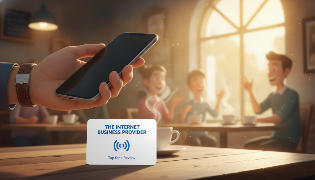 A close-up scene featuring a sleek NFC review card on a wooden table in a cozy café setting. The card prominently displays the brand name "The Internet Business Provider" in a modern font. In the background, softly blurred customers are engaging in positive conversations, suggesting a vibrant and friendly atmosphere. Sunlight streams through the large windows, creating a warm, inviting ambiance. A hand, adorned with a simple wristwatch, is poised to tap the NFC card with a smartphone, showcasing the action of requesting a review. The overall mood is uplifting and encouraging, emphasizing the ease of sharing positive experiences. The lens captures a shallow depth of field, enhancing the focus on the NFC card while providing a glimpse of the bustling café life around it. A close-up scene featuring a sleek NFC review card on a wooden table in a cozy café setting. The card prominently displays the brand name "The Internet Business Provider" in a modern font. In the background, softly blurred customers are engaging in positive conversations, suggesting a vibrant and friendly atmosphere. Sunlight streams through the large windows, creating a warm, inviting ambiance. A hand, adorned with a simple wristwatch, is poised to tap the NFC card with a smartphone, showcasing the action of requesting a review. The overall mood is uplifting and encouraging, emphasizing the ease of sharing positive experiences. The lens captures a shallow depth of field, enhancing the focus on the NFC card while providing a glimpse of the bustling café life around it.
