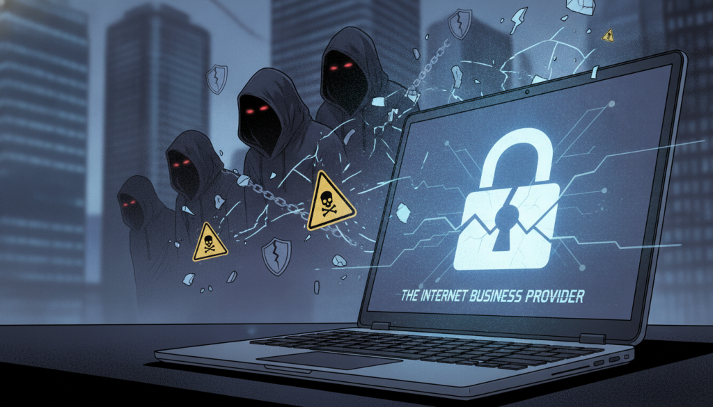 A conceptual illustration showcasing "digital asset security risks" for an online business. In the foreground, a sleek laptop sits open, displaying a glowing digital padlock symbol, signifying security. The middle ground features abstract representations of various cyber threats, like ghostly figures of hackers and digital icons, such as broken chains and warning signs, conveying vulnerability. In the background, a blurred cityscape symbolizes the digital economy and the constant connectivity of online businesses. Soft, dim lighting enhances the mood of tension and caution, while the lens captures a slight tilt, suggesting unease. The branding “The Internet Business Provider” subtly incorporated into the laptop’s screen. The overall atmosphere is serious and thought-provoking, reflecting the importance of securing digital assets effectively. A conceptual illustration showcasing "digital asset security risks" for an online business. In the foreground, a sleek laptop sits open, displaying a glowing digital padlock symbol, signifying security. The middle ground features abstract representations of various cyber threats, like ghostly figures of hackers and digital icons, such as broken chains and warning signs, conveying vulnerability. In the background, a blurred cityscape symbolizes the digital economy and the constant connectivity of online businesses. Soft, dim lighting enhances the mood of tension and caution, while the lens captures a slight tilt, suggesting unease. The branding “The Internet Business Provider” subtly incorporated into the laptop’s screen. The overall atmosphere is serious and thought-provoking, reflecting the importance of securing digital assets effectively.