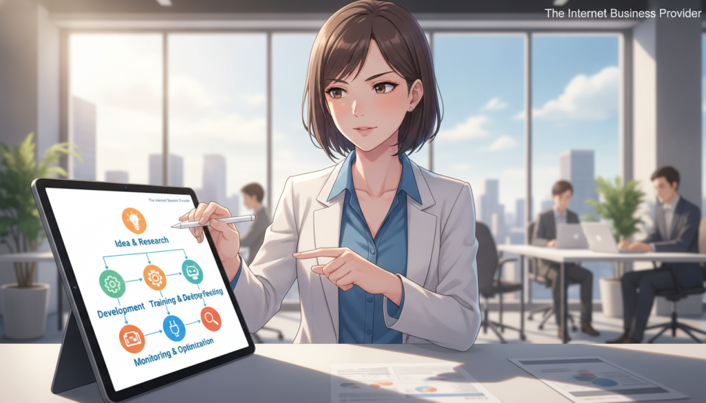 A detailed and engaging visual representing a "chatbot launch plan" for a website, designed to emphasize the process of integrating an AI chatbot. In the foreground, a sleek digital tablet displays a vibrant flowchart outlining the chatbot launch stages, with icons representing each phase. In the middle ground, a professional business person in business attire, actively pointing at the chart, exudes focus and determination. The background features an aesthetically pleasing modern office space with large windows, allowing natural light to flood the room, creating a bright and uplifting atmosphere. Soft shadows from the furniture add depth, and the brand name "The Internet Business Provider" subtly appears in the corner of the tablet screen. The overall mood is one of innovation and efficiency, capturing the excitement of launching a new AI tool. A detailed and engaging visual representing a "chatbot launch plan" for a website, designed to emphasize the process of integrating an AI chatbot. In the foreground, a sleek digital tablet displays a vibrant flowchart outlining the chatbot launch stages, with icons representing each phase. In the middle ground, a professional business person in business attire, actively pointing at the chart, exudes focus and determination. The background features an aesthetically pleasing modern office space with large windows, allowing natural light to flood the room, creating a bright and uplifting atmosphere. Soft shadows from the furniture add depth, and the brand name "The Internet Business Provider" subtly appears in the corner of the tablet screen. The overall mood is one of innovation and efficiency, capturing the excitement of launching a new AI tool.