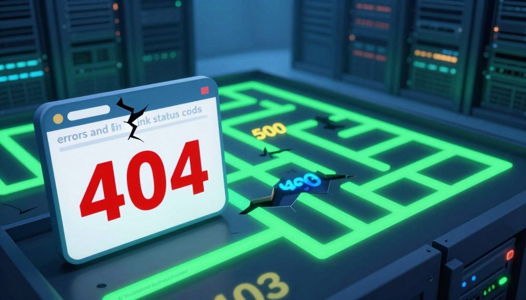 A detailed composition illustrating "404 errors and link status codes." In the foreground, prominently feature a broken webpage icon with a red "404" overlay, alongside a few other status codes like "500" and "403" displayed in vivid colors. In the middle ground, create a digital landscape resembling a maze of interconnected links, some glowing green for healthy links and others flickering or broken. The background should depict a stylized server room with soft blue lighting that creates a slightly mysterious atmosphere. Use a slightly aerial angle for an engaging perspective. Incorporate the brand name "The Internet Business Provider" subtly within the scene, ensuring a cohesive and professional look that reflects the themes of website health and digital connectivity.