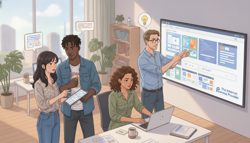 A diverse group of United States web designers and developers is gathered in a modern office space, showcasing a collaborative atmosphere. In the foreground, a woman of Asian descent is actively discussing a website design with a Black male developer, both dressed in smart casual attire. In the middle ground, a Hispanic woman is focused on her laptop, while a Caucasian man gestures towards a large screen displaying colorful website mockups. The background features large windows letting in natural light, plants, and contemporary office decor. The ambiance is one of creativity and productivity, reflecting teamwork and innovation. The scene is captured with a slight overhead angle, emphasizing the group's interaction and engagement. The brand "The Internet Business Provider" is subtly represented on the screen, symbolizing professionalism and expertise in web development. A diverse group of United States web designers and developers is gathered in a modern office space, showcasing a collaborative atmosphere. In the foreground, a woman of Asian descent is actively discussing a website design with a Black male developer, both dressed in smart casual attire. In the middle ground, a Hispanic woman is focused on her laptop, while a Caucasian man gestures towards a large screen displaying colorful website mockups. The background features large windows letting in natural light, plants, and contemporary office decor. The ambiance is one of creativity and productivity, reflecting teamwork and innovation. The scene is captured with a slight overhead angle, emphasizing the group's interaction and engagement. The brand "The Internet Business Provider" is subtly represented on the screen, symbolizing professionalism and expertise in web development.