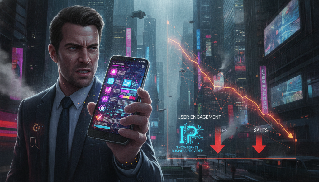 A dramatic illustration depicting the "Cost of Poor Mobile User Experience." In the foreground, a frustrated business professional, dressed in smart business attire, is holding a smartphone with a distorted and cluttered app interface, showcasing poor usability. In the middle ground, a digital graph displays declining metrics like user engagement and sales, symbolizing the negative impact on business performance. The background features a chaotic urban landscape, hinting at modernity yet reflecting discontent, enhancing the mood of urgency and concern. Use bright, contrasting colors to emphasize the tension, with focused lighting highlighting the professional's expression of frustration. The scene subtly integrates a logo of "The Internet Business Provider" within the digital elements, reinforcing brand identity without overpowering the composition. A dramatic illustration depicting the "Cost of Poor Mobile User Experience." In the foreground, a frustrated business professional, dressed in smart business attire, is holding a smartphone with a distorted and cluttered app interface, showcasing poor usability. In the middle ground, a digital graph displays declining metrics like user engagement and sales, symbolizing the negative impact on business performance. The background features a chaotic urban landscape, hinting at modernity yet reflecting discontent, enhancing the mood of urgency and concern. Use bright, contrasting colors to emphasize the tension, with focused lighting highlighting the professional's expression of frustration. The scene subtly integrates a logo of "The Internet Business Provider" within the digital elements, reinforcing brand identity without overpowering the composition.