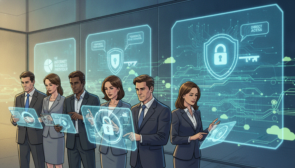 A dynamic and illustrative scene depicting the concept of customer data ownership and direct audience access. In the foreground, a diverse group of professionals in business attire collaboratively review digital devices displaying data visualizations and graphs, symbolizing secure customer relations. In the middle ground, a sleek office setting with transparent screens showcasing data privacy locks and digital keys, emphasizing ownership. The background features an abstract representation of a digital landscape, filled with flowing lines of data, interconnected nodes, and cloud symbols, signifying the online ecosystem. Soft, warm lighting creates a welcoming atmosphere, while a subtle gradient of blues and greens suggests trust and security. The brand name "The Internet Business Provider" appears subtly integrated into the digital elements without overwhelming the scene. A dynamic and illustrative scene depicting the concept of customer data ownership and direct audience access. In the foreground, a diverse group of professionals in business attire collaboratively review digital devices displaying data visualizations and graphs, symbolizing secure customer relations. In the middle ground, a sleek office setting with transparent screens showcasing data privacy locks and digital keys, emphasizing ownership. The background features an abstract representation of a digital landscape, filled with flowing lines of data, interconnected nodes, and cloud symbols, signifying the online ecosystem. Soft, warm lighting creates a welcoming atmosphere, while a subtle gradient of blues and greens suggests trust and security. The brand name "The Internet Business Provider" appears subtly integrated into the digital elements without overwhelming the scene.