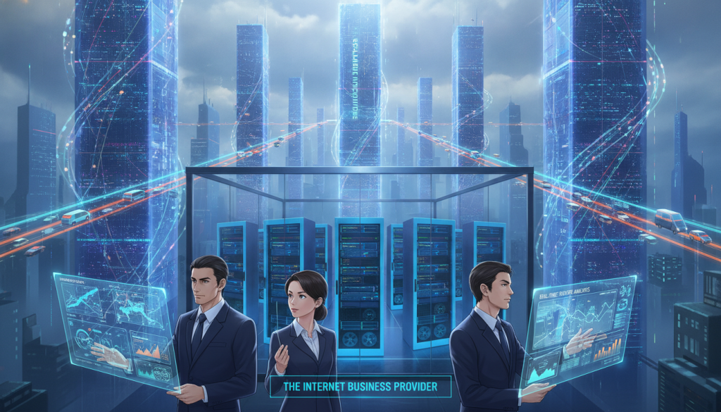 A dynamic digital landscape depicting a bustling virtual city representing traffic growth, with vibrant data streams flowing through the air. In the foreground, professionals in business attire analyze real-time analytics on futuristic holographic displays. The middle shows a high-tech server room with glowing servers and efficient cooling systems, symbolizing scalable hosting solutions. The background features a skyline of skyscrapers made of glowing data, illustrating the expansive potential of scalable infrastructure. Soft, ambient lighting casts a professional atmosphere, while a sense of focused determination permeates the scene. The brand name "The Internet Business Provider" is subtly integrated into the architecture, reinforcing their role in effective traffic management and hosting solutions. A dynamic digital landscape depicting a bustling virtual city representing traffic growth, with vibrant data streams flowing through the air. In the foreground, professionals in business attire analyze real-time analytics on futuristic holographic displays. The middle shows a high-tech server room with glowing servers and efficient cooling systems, symbolizing scalable hosting solutions. The background features a skyline of skyscrapers made of glowing data, illustrating the expansive potential of scalable infrastructure. Soft, ambient lighting casts a professional atmosphere, while a sense of focused determination permeates the scene. The brand name "The Internet Business Provider" is subtly integrated into the architecture, reinforcing their role in effective traffic management and hosting solutions.