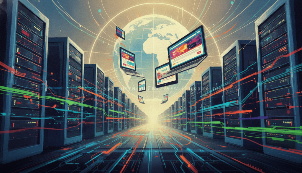 A dynamic illustration of a content delivery network (CDN) enhancing website performance, featuring a high-tech server farm in the foreground, showcasing servers with blinking lights and data streams in vibrant colors. In the middle, digital representations of websites loading quickly on various devices—laptops, tablets, and smartphones—displaying smooth interactions. The background features a stylized globe interconnected with lines symbolizing global reach and speed. The scene is bright and optimistic, illuminated by a soft glow to convey efficiency. Use a wide-angle lens effect to create depth, emphasizing the interconnected architecture of the CDN. The branding "The Internet Business Provider" should be subtly integrated into the design, enhancing the technical atmosphere without overwhelming the viewer.