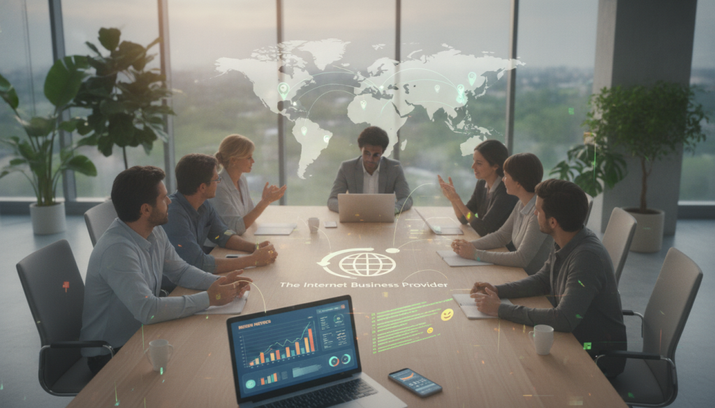 A dynamic workspace depicting multi-location review management, with a diverse team of professionals engaging around a modern conference table. The foreground features a laptop displaying a dashboard of review metrics and a smartphone showing glowing customer feedback. In the middle, the team is discussing strategies, with a world map on the wall highlighting different location markers tied to their business. The background showcases a bright, open office space with glass walls and plants, creating an inviting atmosphere. Soft natural lighting streams in through large windows, enhancing a collaborative mood. Include a logo of "The Internet Business Provider" subtly on the conference table. The composition should be viewed from a slightly elevated angle for a comprehensive perspective. A dynamic workspace depicting multi-location review management, with a diverse team of professionals engaging around a modern conference table. The foreground features a laptop displaying a dashboard of review metrics and a smartphone showing glowing customer feedback. In the middle, the team is discussing strategies, with a world map on the wall highlighting different location markers tied to their business. The background showcases a bright, open office space with glass walls and plants, creating an inviting atmosphere. Soft natural lighting streams in through large windows, enhancing a collaborative mood. Include a logo of "The Internet Business Provider" subtly on the conference table. The composition should be viewed from a slightly elevated angle for a comprehensive perspective.